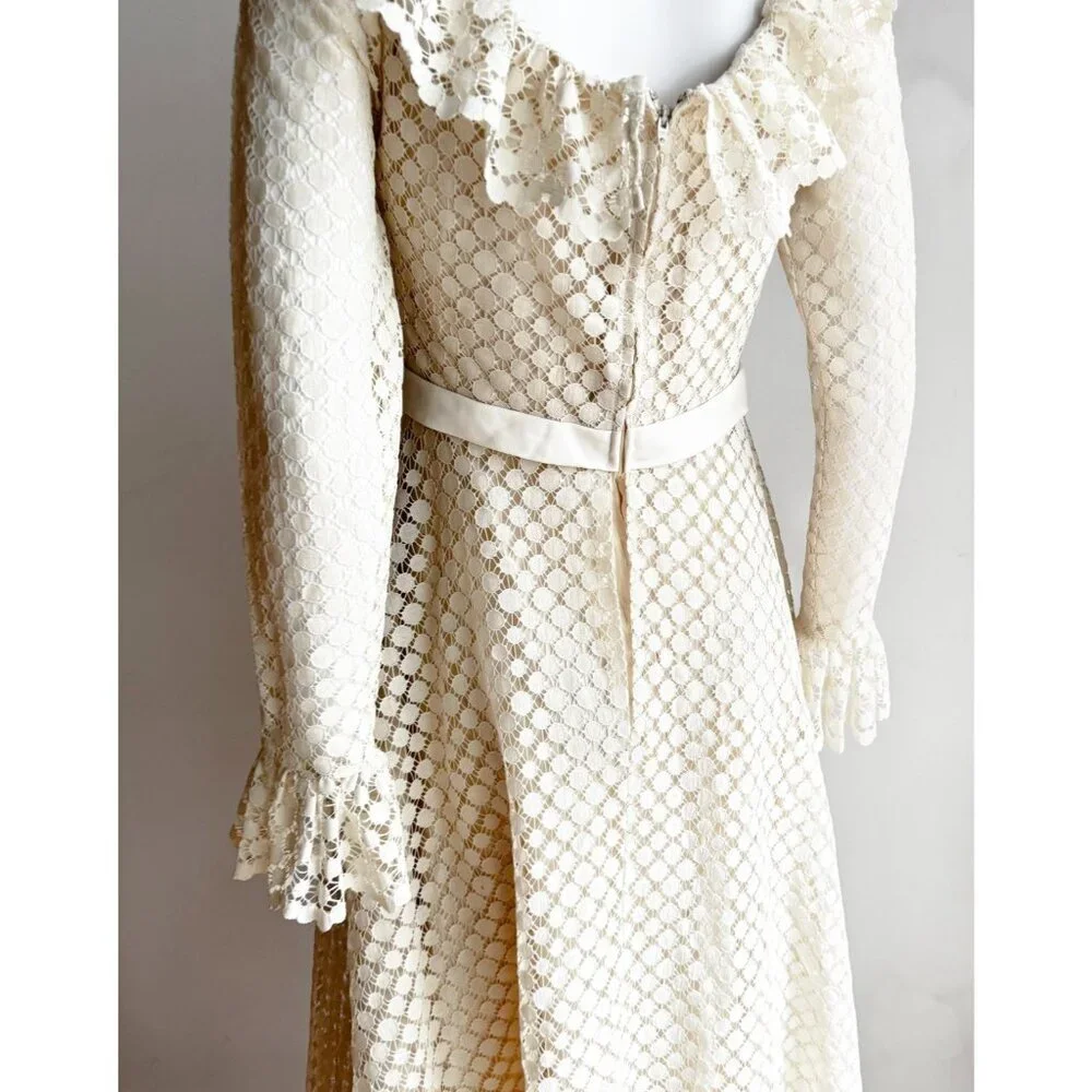 Vintage Jac An Ivory Crochet Long Sleeve A line Maxi Dress Wedding Boho S - Picture 11 of 11